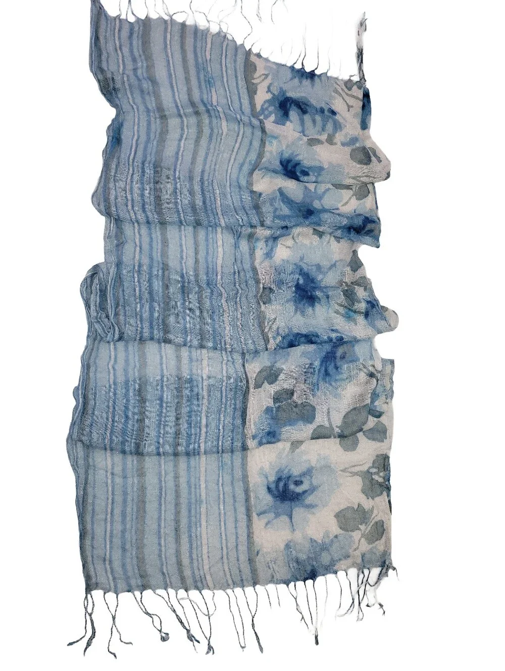 Blue Floral & Striped Lightweight Scarf Wrap Fringe Hem 22